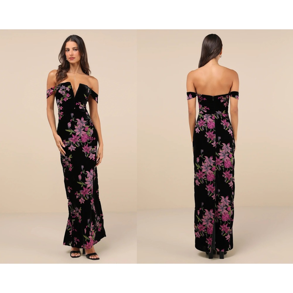 Lulus Enchanting You Black Burnout Velvet Off-the-Shoulder Maxi Dress Size Small